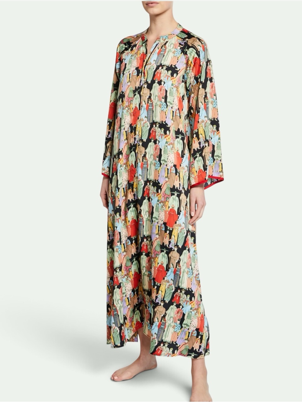 Natori Dynasty Print Satin Caftan Robe Kimono Loungewear Half Zip Size Small NWT
